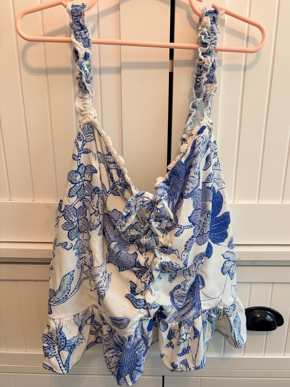 Urban Outfitters White Tank with Blue Floral Print and Ruffle Straps